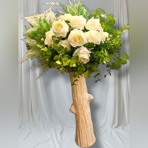 White Faux Rose Bouquet Arrangement Rustic Wood Look Vase | Wedding Home Decor